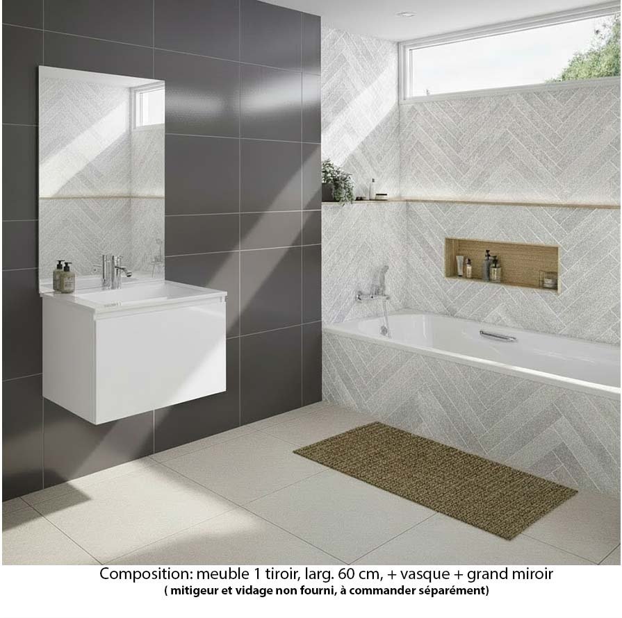 Ensemble meuble de salle de bain Oxford 60 cm blanc brillant, plan vasque marbre reconstitué,  1 tiroir , miroir haut. 110 cm