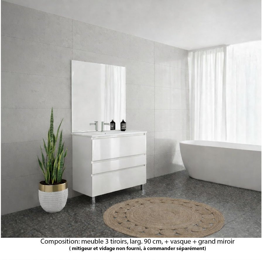 Ensemble meuble de salle de bain Oxford 100 cm blanc brillant, plan vasque marbre reconstitué,  3 tiroirs , miroir haut. 110 cm