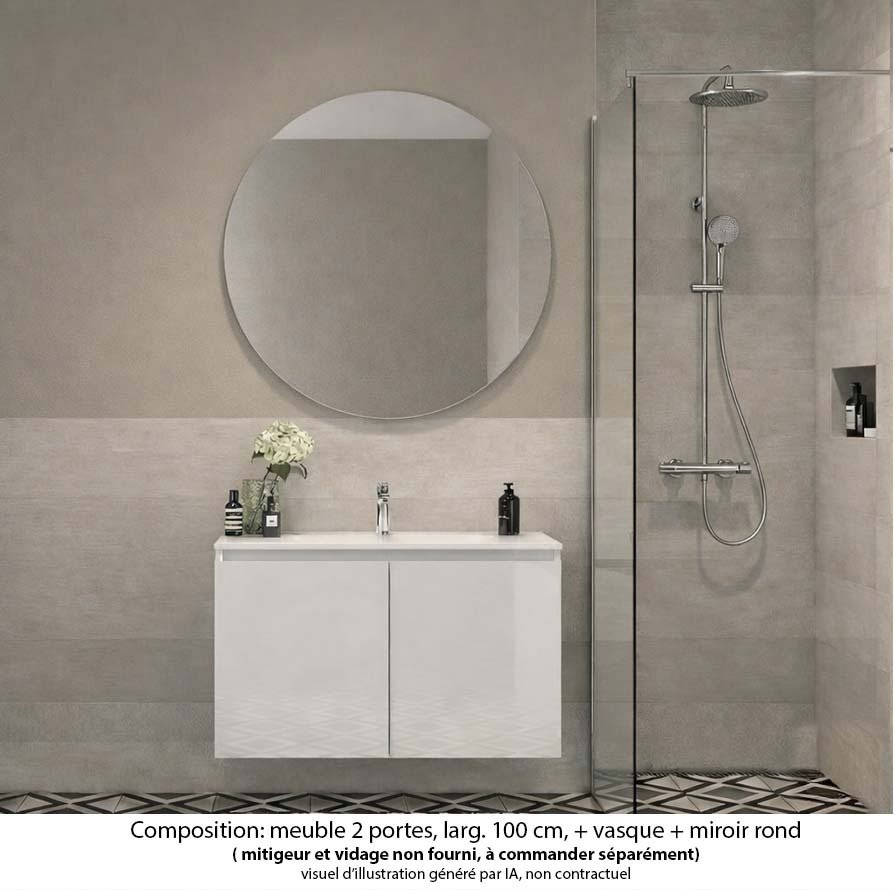 Ensemble meuble de salle de bain Oxford 60 cm blanc brillant, plan vasque marbre reconstitué,  2 portes , miroir rond