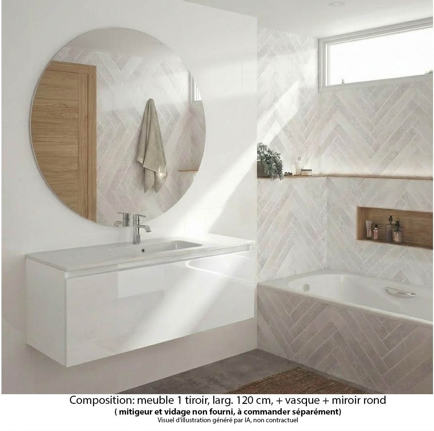 Ensemble meuble de salle de bain Oxford 120 cm blanc brillant, plan vasque marbre reconstitué,  1 tiroir , miroir rond
