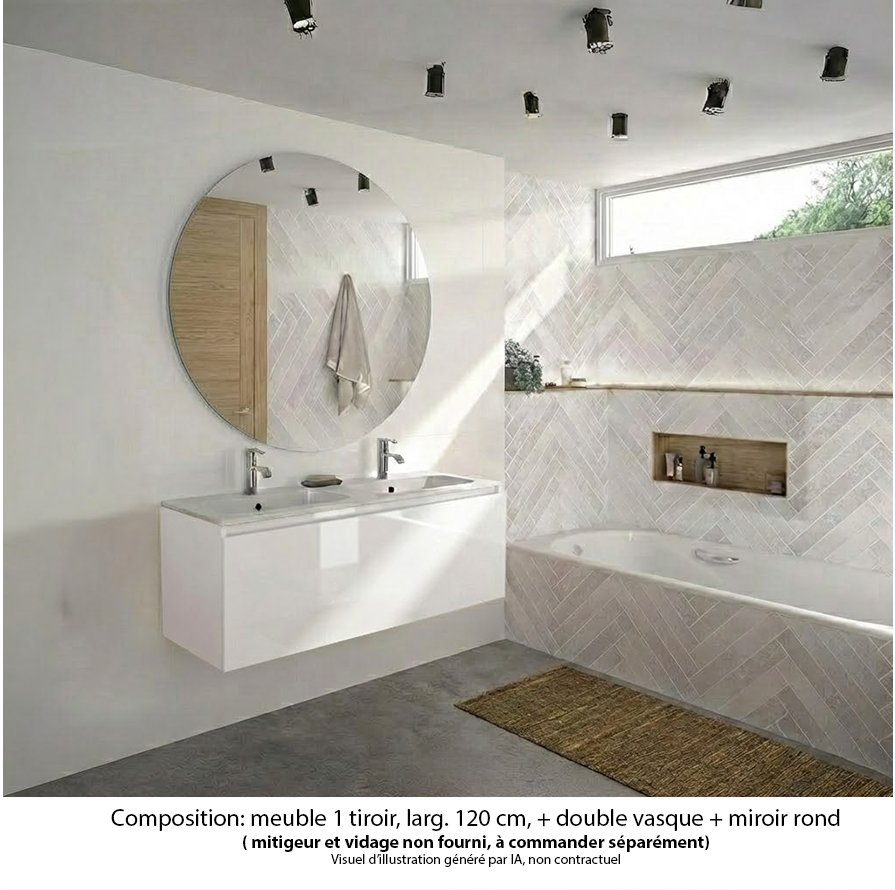Ensemble meuble de salle de bain Oxford 120 cm blanc brillant, plan double vasque marbre reconstitué,  1 tiroir , miroir rond