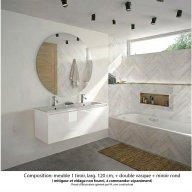 Ensemble meuble de salle de bain Oxford 120 cm blanc brillant, plan double vasque marbre reconstitué, 1 tiroir , miroir rond