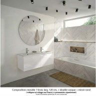 Ensemble meuble de salle de bain Oxford 120 cm blanc brillant, plan double vasque marbre reconstitué, 2 tiroirs , miroir rond