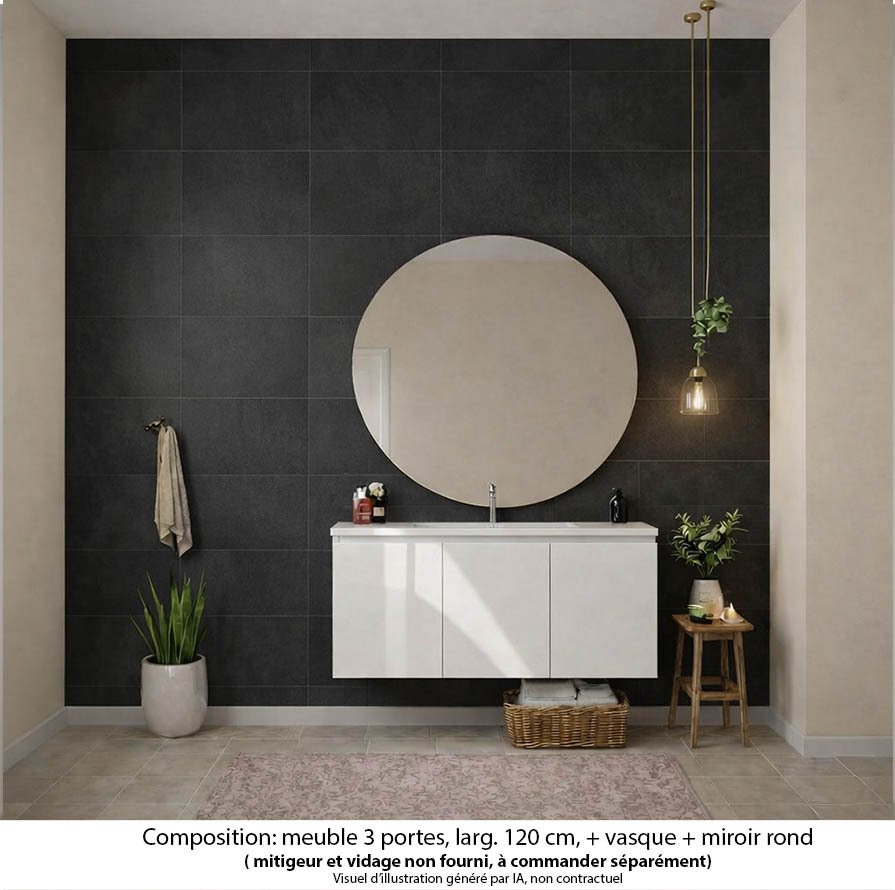 Ensemble meuble de salle de bain Oxford 120 cm blanc brillant, plan vasque céramique,  3 portes , miroir rond