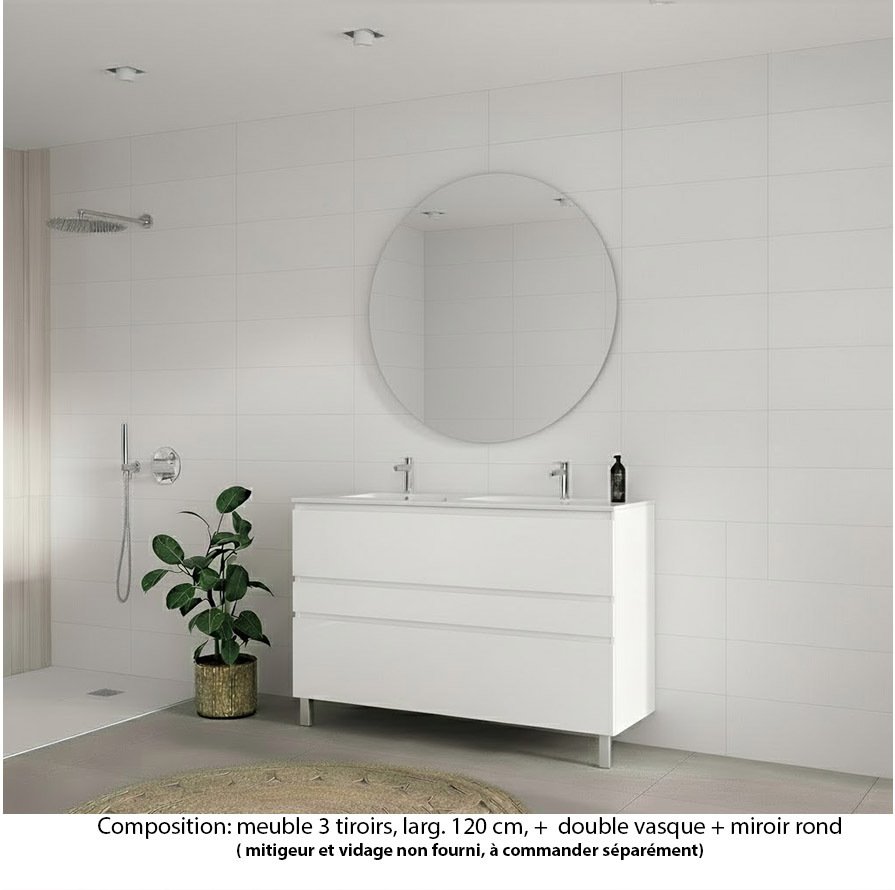Ensemble meuble de salle de bain Oxford 120 cm blanc brillant, plan double vasque marbre reconstitué,  3 tiroirs , miroir rond