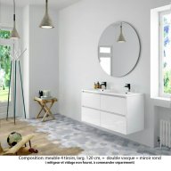 Ensemble meuble de salle de bain Oxford 140 cm blanc brillant, plan double double vasque marbre reconstitué, 4 tiroirs , miroir rond