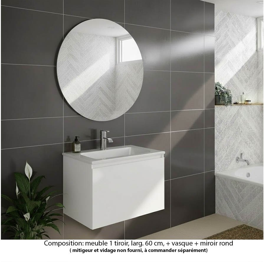 Ensemble meuble de salle de bain Oxford 60 cm blanc brillant, plan vasque marbre reconstitué,  1 tiroir , miroir rond