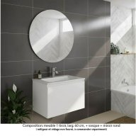 Ensemble meuble de salle de bain Oxford 80 cm blanc brillant, plan vasque marbre reconstitué, 1 tiroir , miroir rond