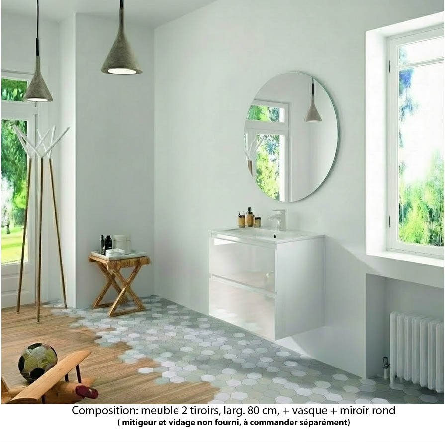 Ensemble meuble de salle de bain Oxford 80 cm blanc brillant, plan vasque céramique,  2 tiroirs , miroir rond