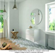 Ensemble meuble de salle de bain Oxford 80 cm blanc brillant, plan vasque marbre reconstitué, 2 tiroirs , miroir rond