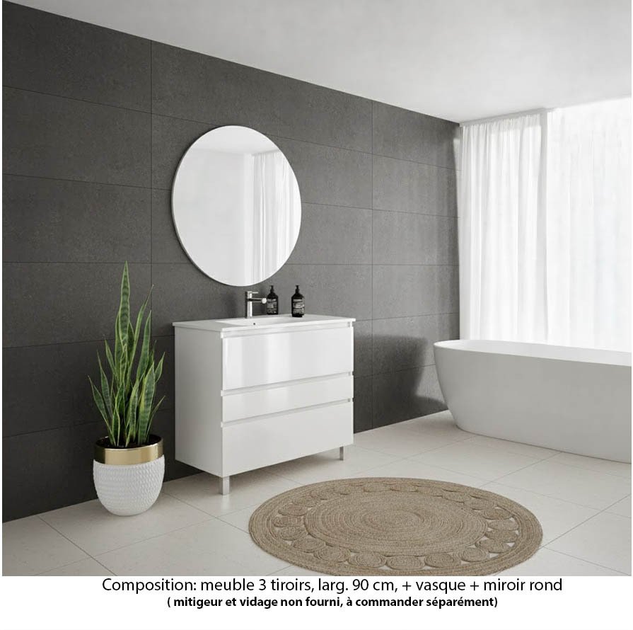 Ensemble meuble de salle de bain Oxford 100 cm blanc brillant, plan vasque marbre reconstitué,  3 tiroirs , miroir rond