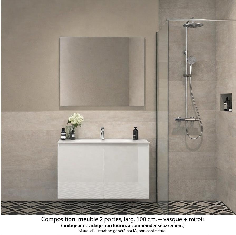 Ensemble meuble de salle de bain Oxford 60 cm blanc brillant, plan vasque marbre reconstitué,  2 portes , miroir haut. 60 cm