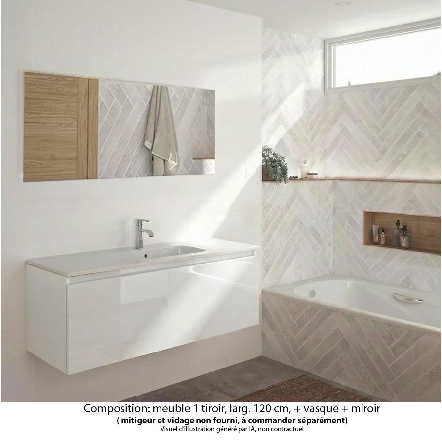 Ensemble meuble de salle de bain Oxford 120 cm blanc brillant, plan vasque marbre reconstitué,  1 tiroir , miroir haut. 60 cm
