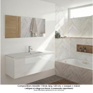 Ensemble meuble de salle de bain Oxford 120 cm blanc brillant, plan vasque marbre reconstitué, 1 tiroir , miroir haut. 60 cm