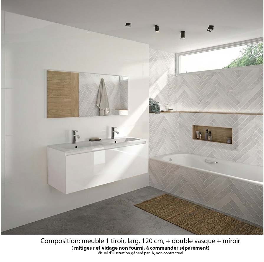 Ensemble meuble de salle de bain Oxford 120 cm blanc brillant, plan double vasque marbre reconstitué,  1 tiroir , miroir haut. 60 cm