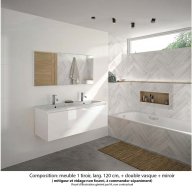 Ensemble meuble de salle de bain Oxford 120 cm blanc brillant, plan double vasque marbre reconstitué, 1 tiroir , miroir haut. 60 cm