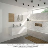 Ensemble meuble de salle de bain Oxford 120 cm blanc brillant, plan double vasque marbre reconstitué, 2 tiroirs , miroir haut. 60 cm