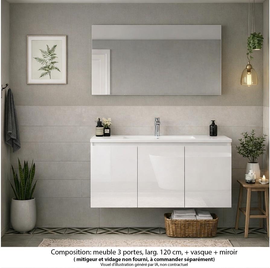 Ensemble meuble de salle de bain Oxford 120 cm blanc brillant, plan vasque céramique,  3 portes , miroir haut. 60 cm