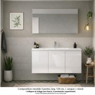 Ensemble meuble de salle de bain Oxford 120 cm blanc brillant, plan vasque céramique, 3 portes , miroir haut. 60 cm