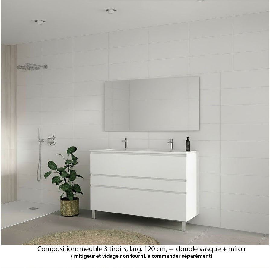 Ensemble meuble de salle de bain Oxford 120 cm blanc brillant, plan double vasque marbre reconstitué,  3 tiroirs , miroir haut. 60 cm