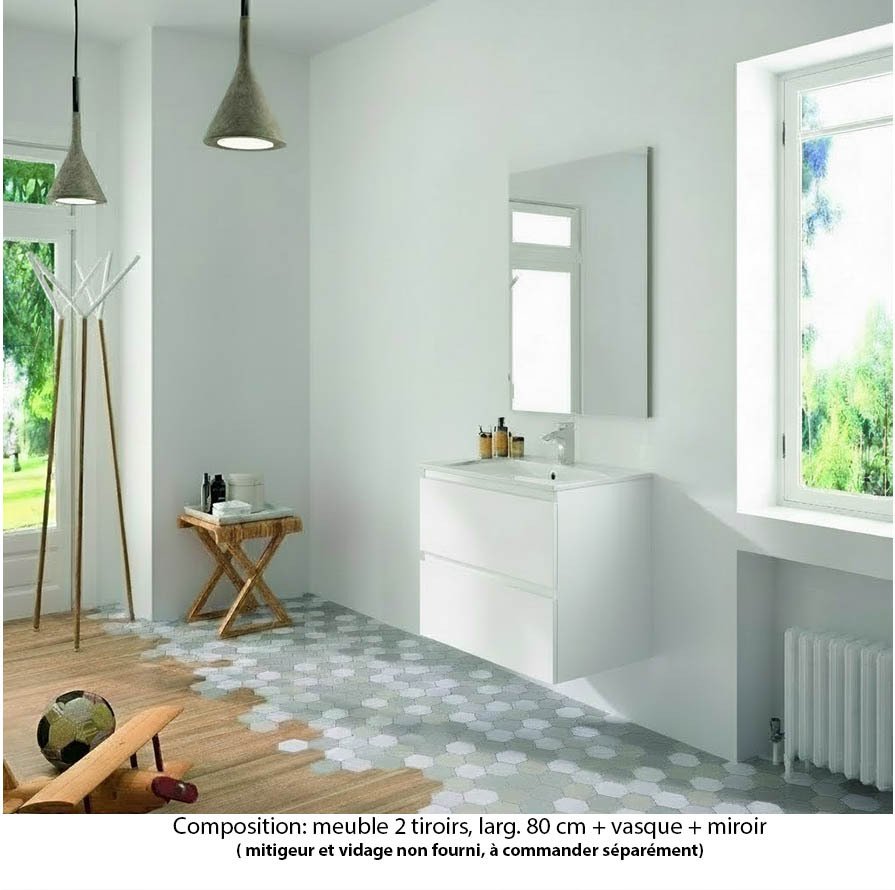 Ensemble meuble de salle de bain Oxford 80 cm blanc brillant, plan vasque marbre reconstitué,  2 tiroirs , miroir haut. 60 cm