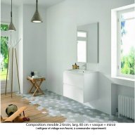 Ensemble meuble de salle de bain Oxford 80 cm blanc brillant, plan vasque marbre reconstitué, 2 tiroirs , miroir haut. 60 cm