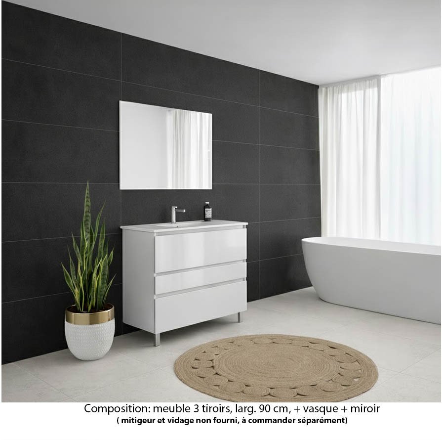 Ensemble meuble de salle de bain Oxford 80 cm blanc brillant, plan vasque marbre reconstitué,  3 tiroirs , miroir haut. 60 cm