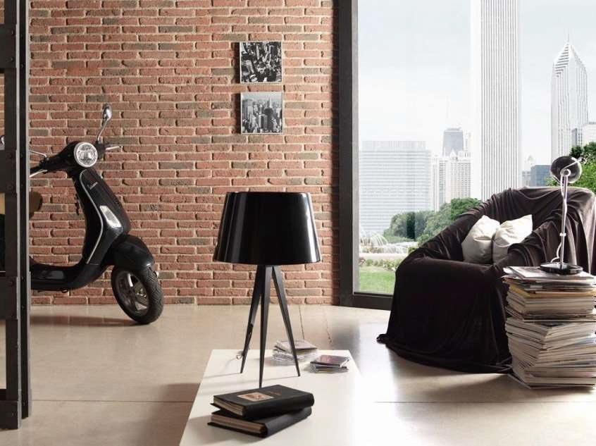 photo d'un salon d'intérieur dont le fond est un mur en parement de brique oxford de verniprens