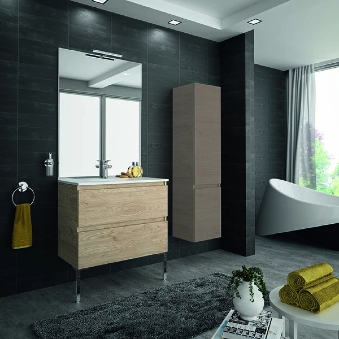 Ensemble meuble de salle de bain CAMPUS 90 cm, plan vasque céramique, profondeur 130 mm, miroir sur plan, chêne san remo, 2 tiroirs