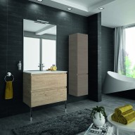 Ensemble meuble de salle de bain Campus 120 cm, plan double vasque GELCOAT profondeur 122 mm brillant, miroir sur plan, chêne san remo, 2 tiroirs