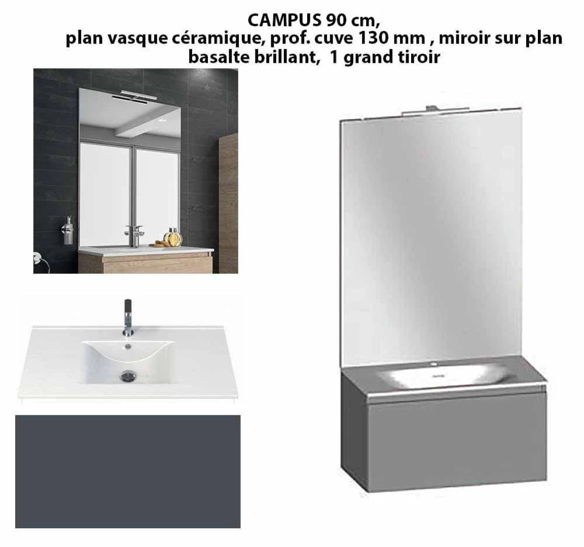 Ensemble meuble de salle de bain CAMPUS 90 cm, plan vasque céramique, profondeur 130 mm, miroir sur plan, basalte brillant, 1 grand tiroir