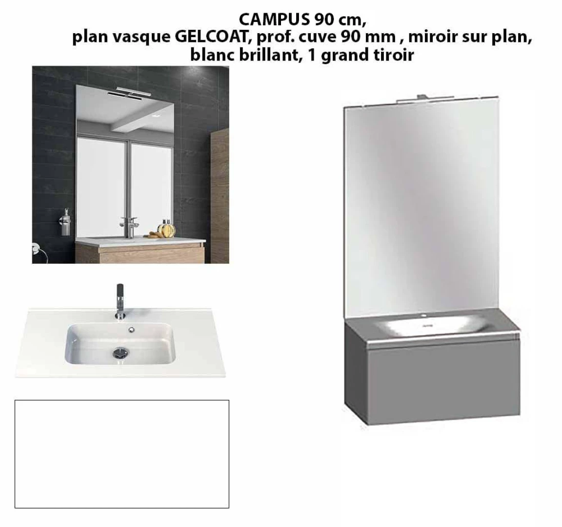 Ensemble meuble de salle de bain CAMPUS 90 cm, plan vasque GELCOAT, prof. cuve 90 mm, miroir sur plan, blanc brillant, 1 grand tiroir