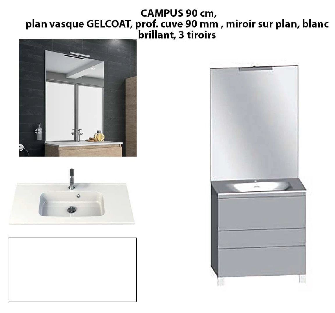 Ensemble meuble de salle de bain CAMPUS 90 cm, plan vasque GELCOAT, prof. cuve 90 mm, miroir hauteur 60 cm, blanc brillant, 3 tiroirs