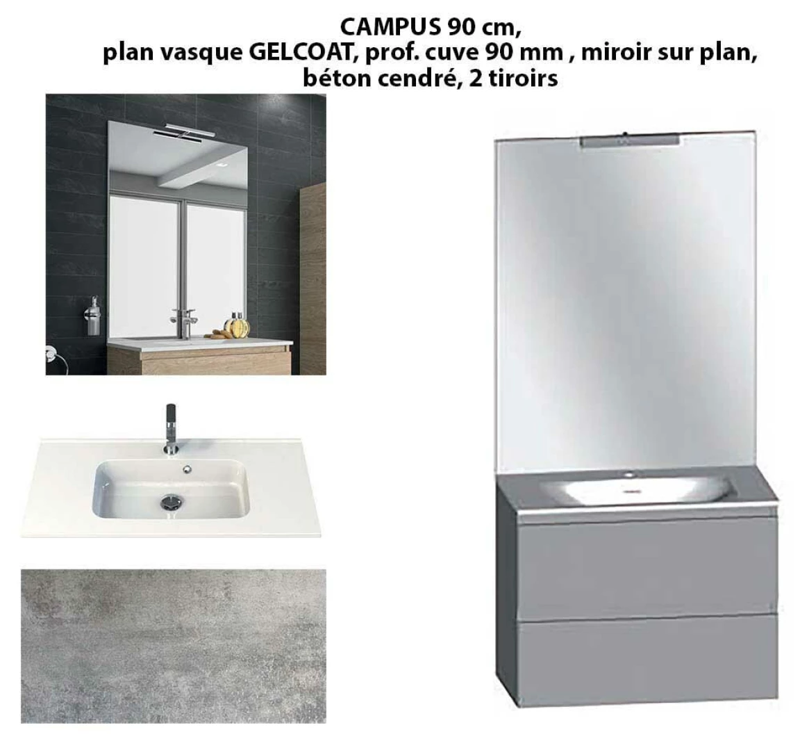 Ensemble meuble de salle de bain CAMPUS 90 cm, plan vasque GELCOAT, prof. cuve 90 mm, miroir sur plan, béton cendré, 2 tiroirs
