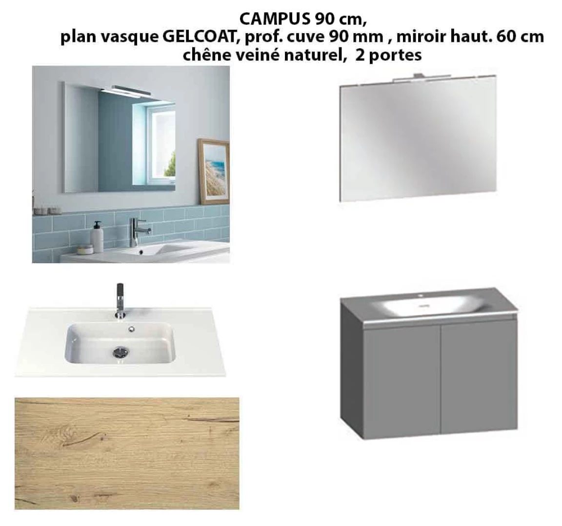 Ensemble meuble de salle de bain CAMPUS 90 cm, plan vasque GELCOAT, prof. cuve 90 mm, miroir hauteur 60 cm, chêne veiné naturel, 2 portes