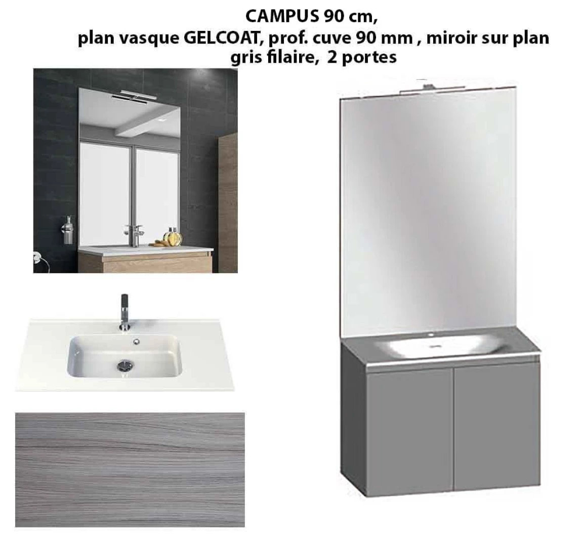 Ensemble meuble de salle de bain CAMPUS 90 cm, plan vasque GELCOAT, prof. cuve 90 mm, miroir sur plan, gris filaire, 2 portes