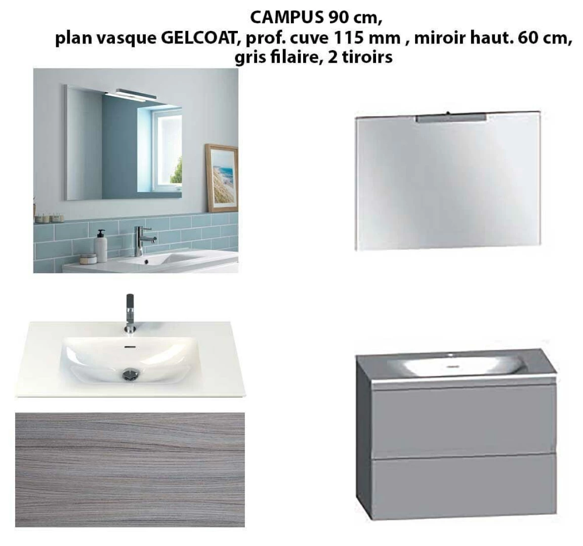 Ensemble meuble de salle de bain CAMPUS 90 cm, plan vasque GELCOAT, prof. cuve 115 mm, miroir hauteur 60 cm, gris filaire, 2 tiroirs