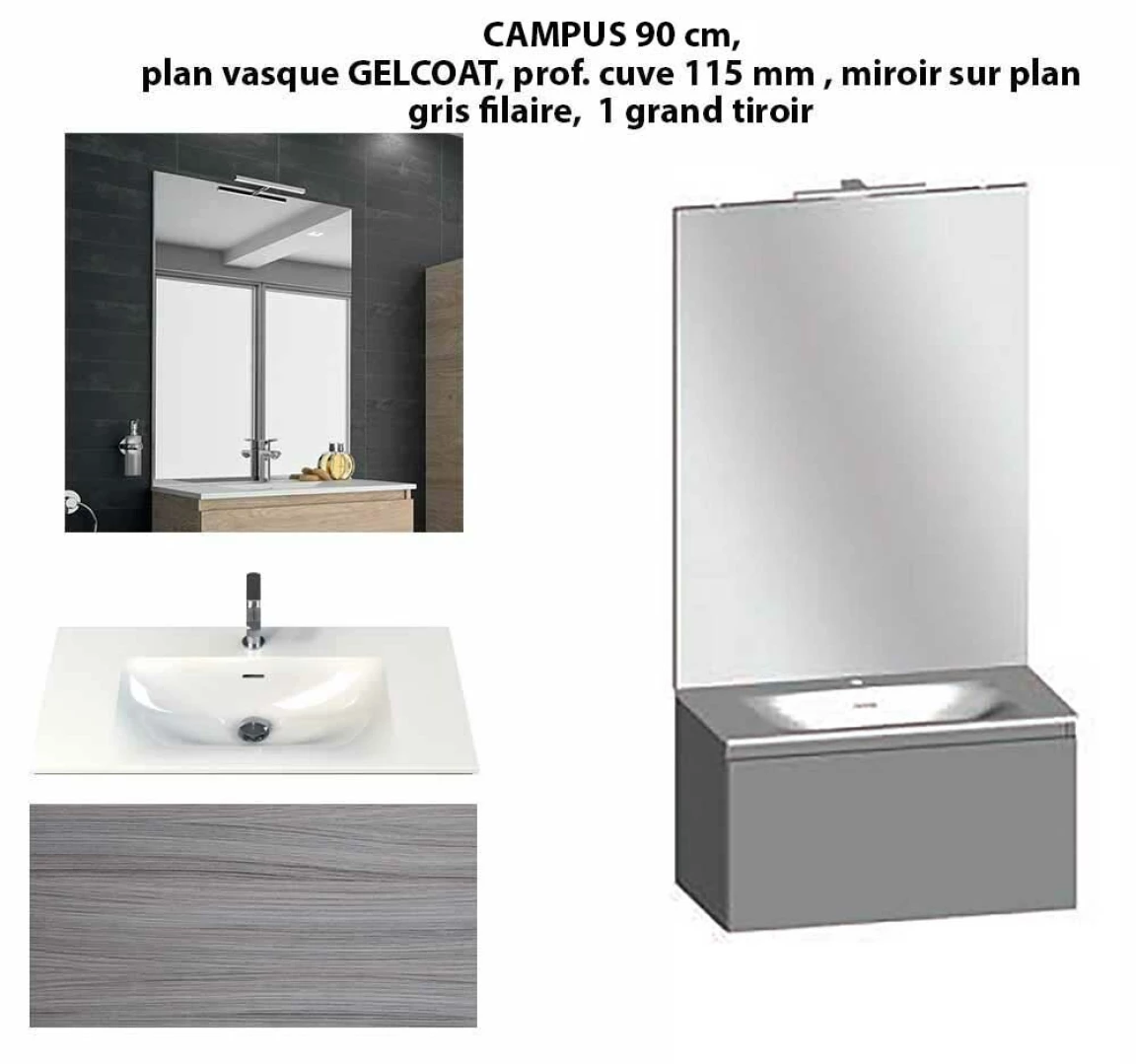 Ensemble meuble de salle de bain CAMPUS 90 cm, plan vasque GELCOAT, prof. cuve 115 mm, miroir sur plan, gris filaire, 1 grand tiroir