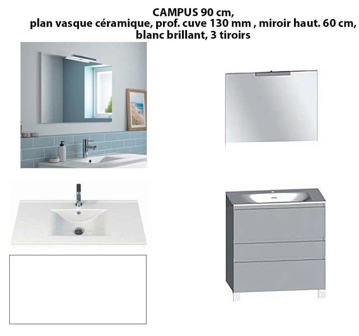 Ensemble meuble de salle de bain CAMPUS 90 cm, plan vasque céramique, profondeur 130 mm, miroir hauteur 60 cm, blanc brillant, 3 tiroirs