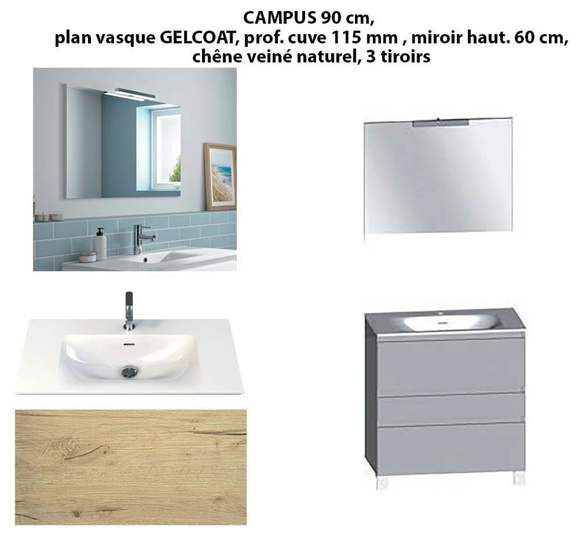 Ensemble meuble de salle de bain CAMPUS 90 cm, plan vasque GELCOAT, prof. cuve 90 mm, miroir sur plan, chêne veiné naturel, 2 tiroirs
