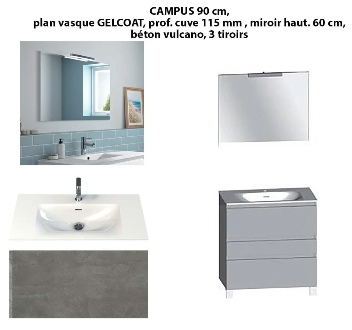 Ensemble meuble de salle de bain CAMPUS 90 cm, plan vasque GELCOAT, prof. cuve 115 mm, miroir hauteur 60 cm, béton vulcano, 3 tiroirs