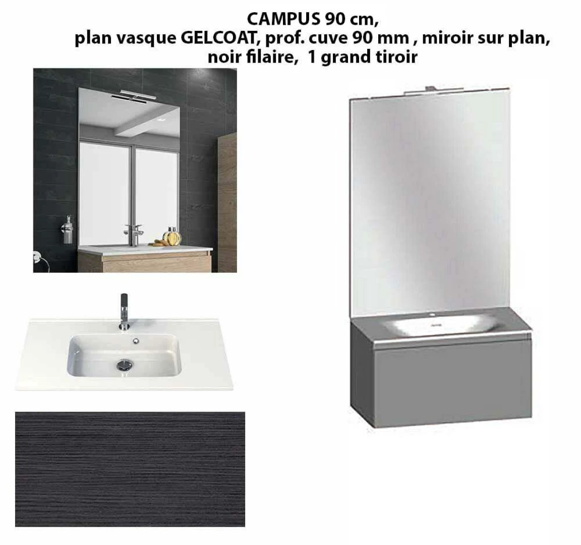 Ensemble meuble de salle de bain CAMPUS 90 cm, plan vasque GELCOAT, prof. cuve 90 mm, miroir sur plan, noir filaire, 1 grand tiroir