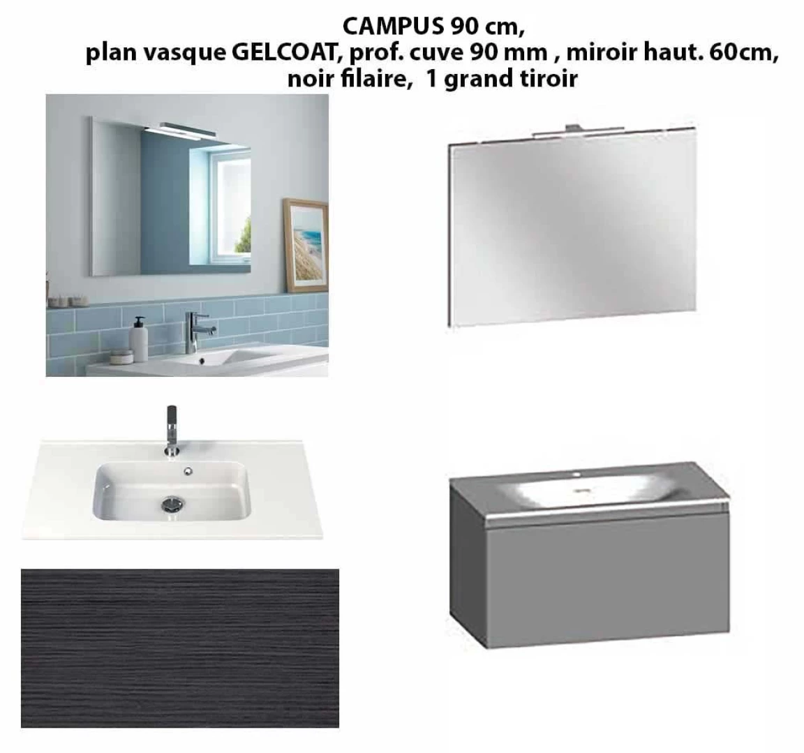 Ensemble meuble de salle de bain CAMPUS 90 cm, plan vasque GELCOAT, prof. cuve 90 mm, miroir hauteur 60 cm, noir filaire, 1 grand tiroir