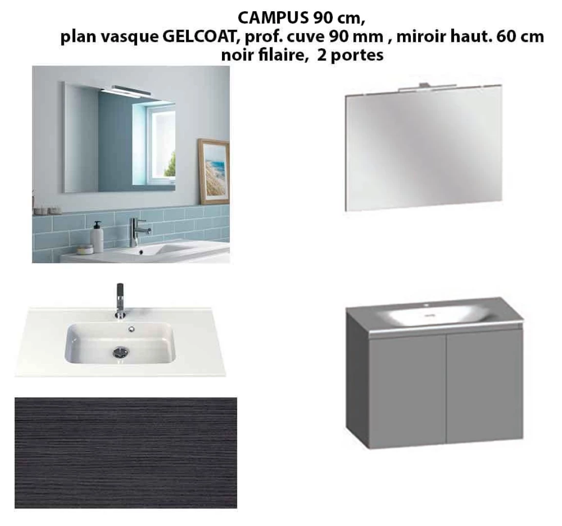 Ensemble meuble de salle de bain CAMPUS 90 cm, plan vasque GELCOAT, prof. cuve 90 mm, miroir hauteur 60 cm, noir filaire, 2 portes
