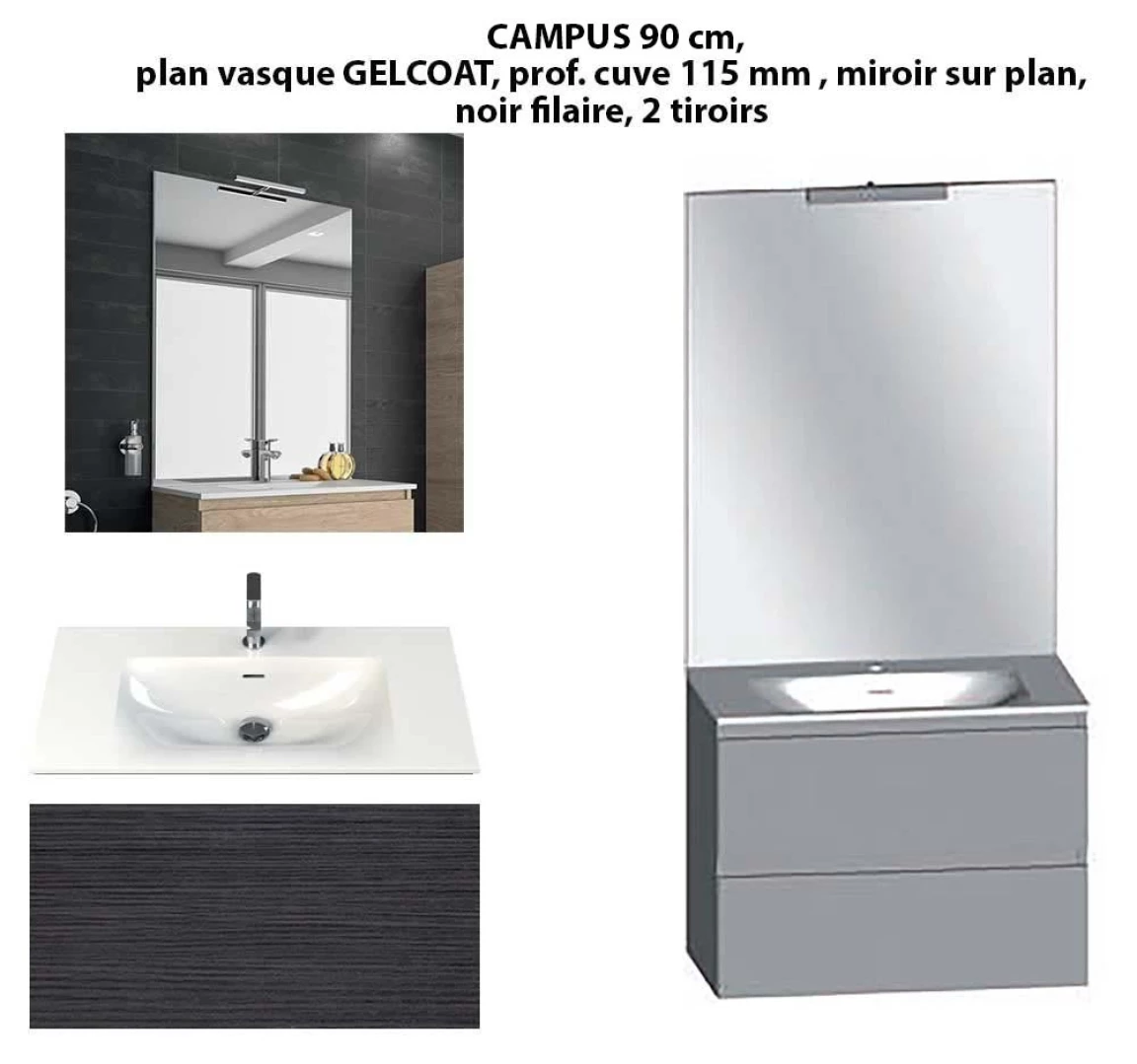 Ensemble meuble de salle de bain CAMPUS 90 cm, plan vasque GELCOAT, prof. cuve 115 mm, miroir sur plan, noir filaire, 2 tiroirs