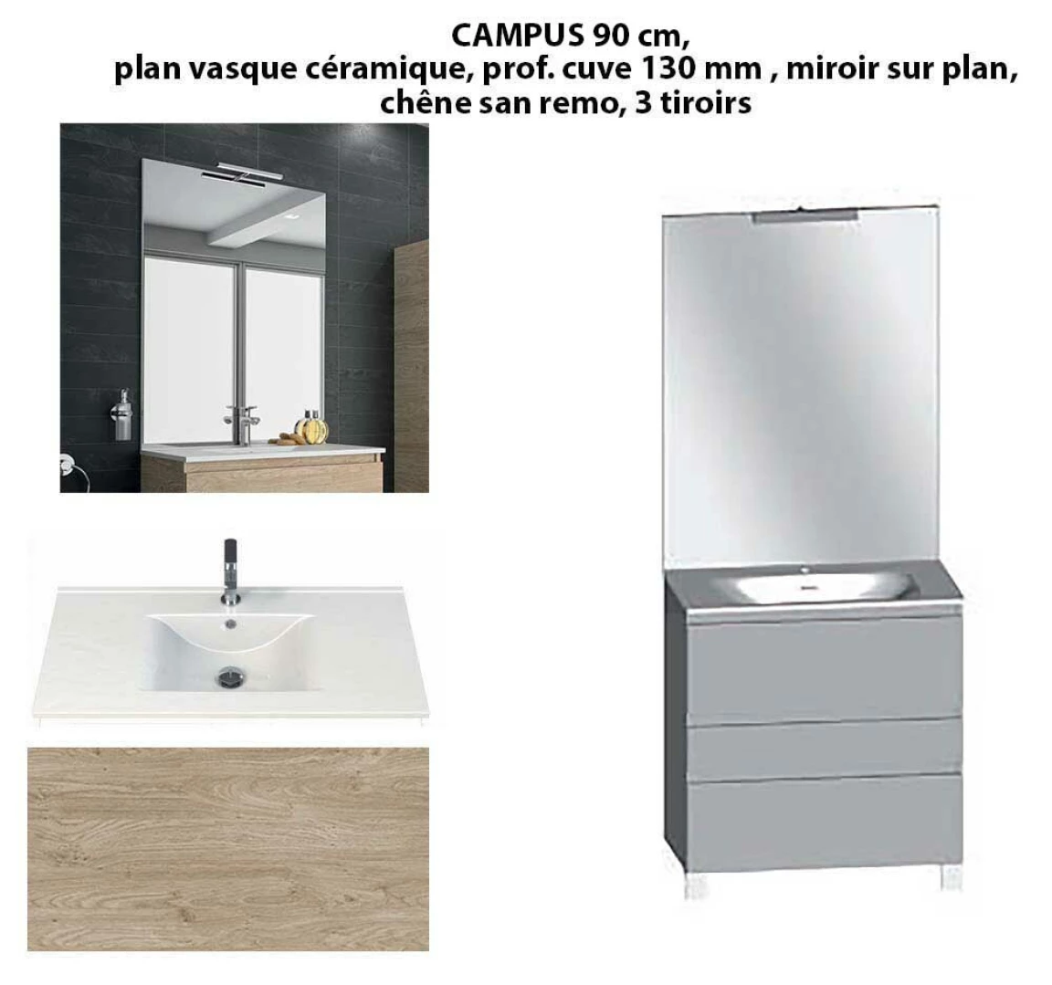 Ensemble meuble de salle de bain CAMPUS 90 cm, plan vasque céramique, profondeur 130 mm, miroir sur plan, chêne san remo, 3 tiroirs