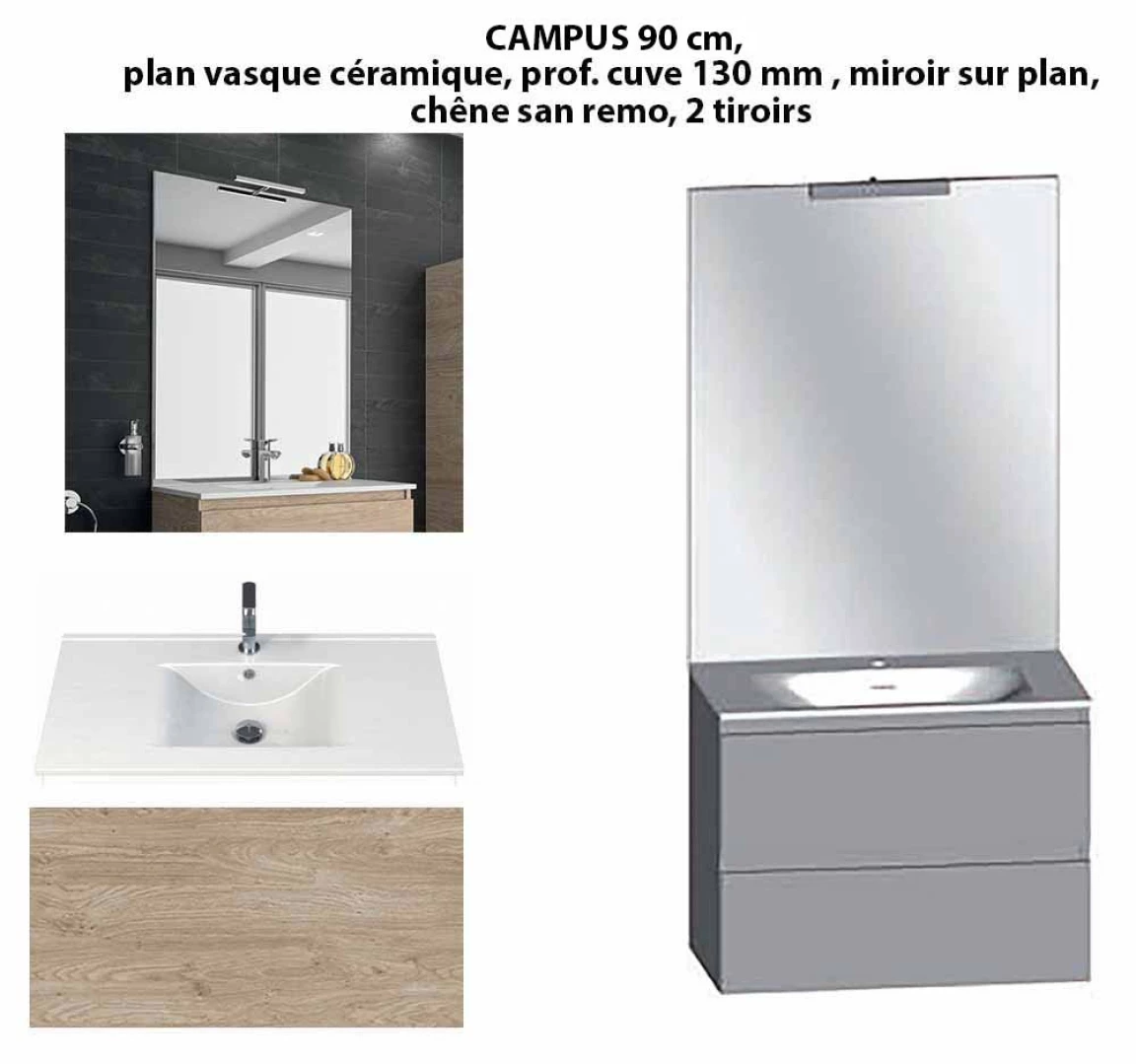 Ensemble meuble de salle de bain CAMPUS 90 cm, plan vasque céramique, profondeur 130 mm, miroir sur plan, chêne san remo, 2 tiroirs