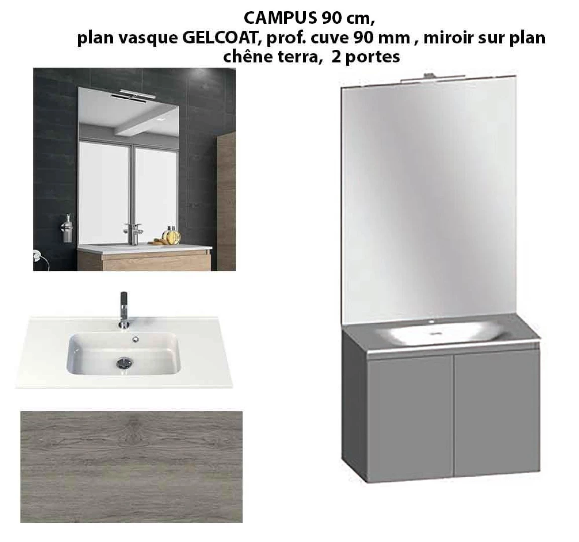 Ensemble meuble de salle de bain CAMPUS 90 cm, plan vasque GELCOAT, prof. cuve 90 mm, miroir sur plan, chêne terra, 2 portes