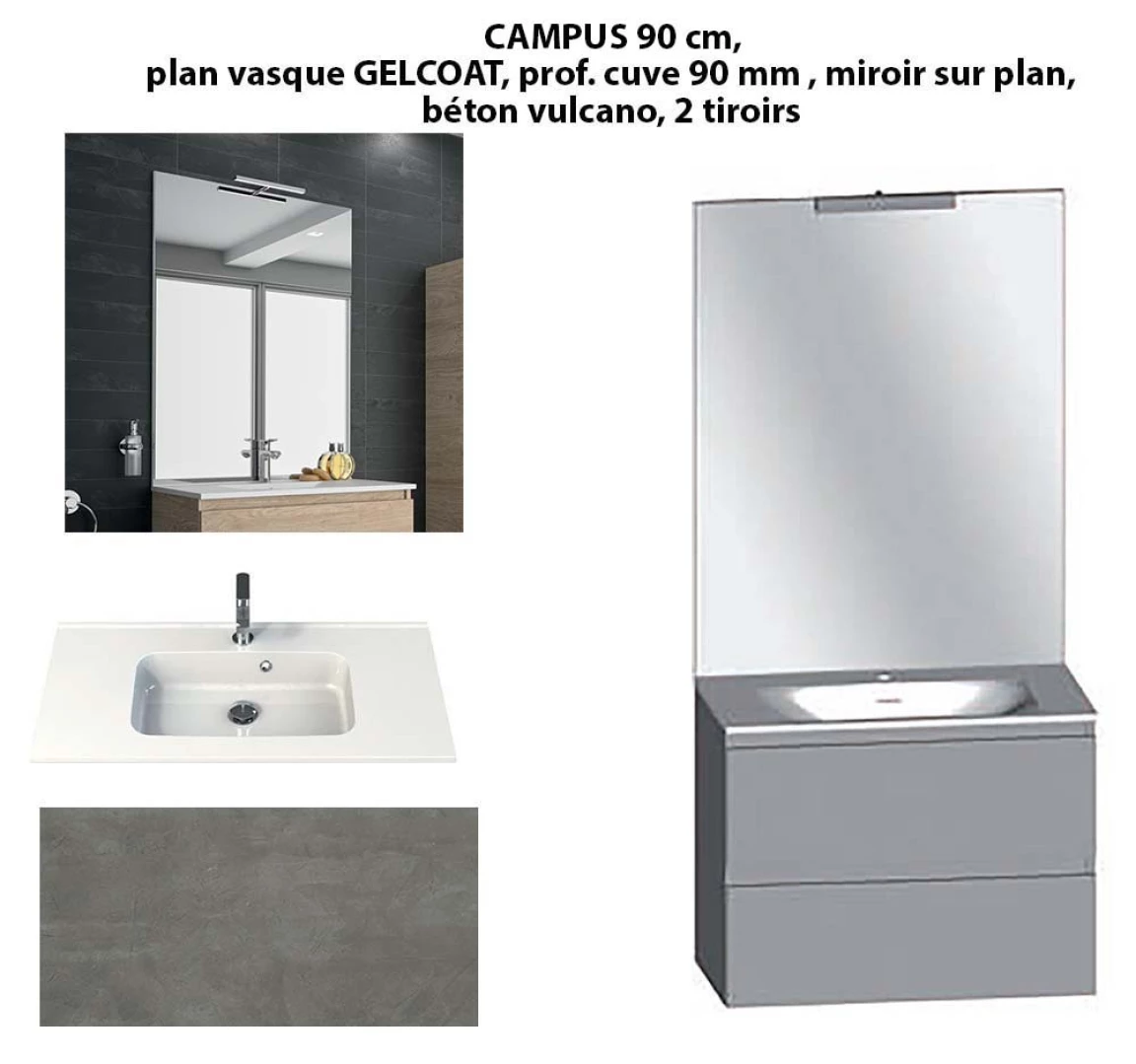 Ensemble meuble de salle de bain CAMPUS 90 cm, plan vasque GELCOAT, prof. cuve 90 mm, miroir sur plan, béton vulcano, 2 tiroirs