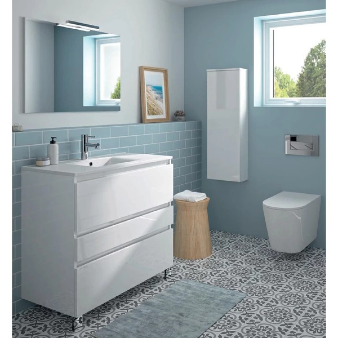 Ensemble meuble de salle de bain CAMPUS 90 cm, plan vasque GELCOAT, prof. cuve 115 mm, miroir sur plan, chêne veiné milano, 1 grand tiroir